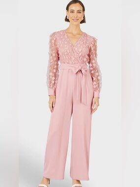 Yumi NWT Pink Floral Appliqué Sash Waist Wide Leg Jumpsuit Size 8